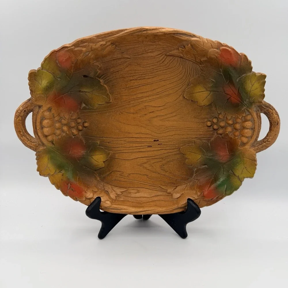 Vintage Serving Tray Wood Look Resin Grape Clusters Autumn Fall Theme 9x12